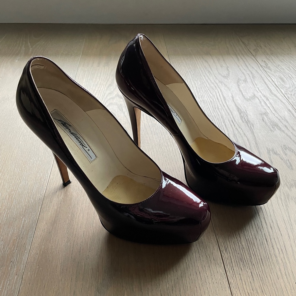 Brian Atwood maroon patent leather platform heels